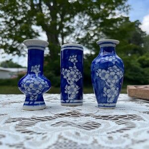 3  Japanese Hand Painted Floral Blue Bud Vases Glazed Pottery Porcelain Vintage